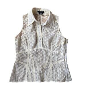 Etcetera Cream Ivory Sheer Polka Dot Print Collared Sleeveless Blouse Sz 8 Chic